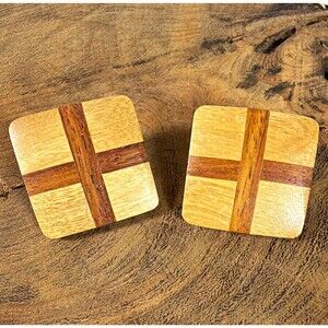 VTG MCM Handcrafted Inlaid Wood Cross Button Post Earrings Square Two-Toned